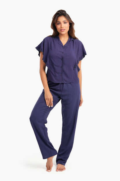 طقم بيجامة بأكمام مكشكشة بلون أرجواني فاتح