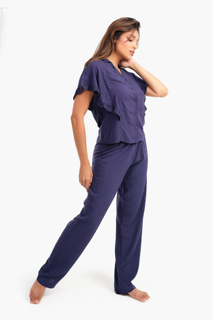 طقم بيجامة بأكمام مكشكشة بلون أرجواني فاتح