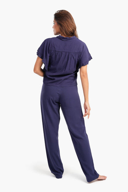 طقم بيجامة بأكمام مكشكشة بلون أرجواني فاتح