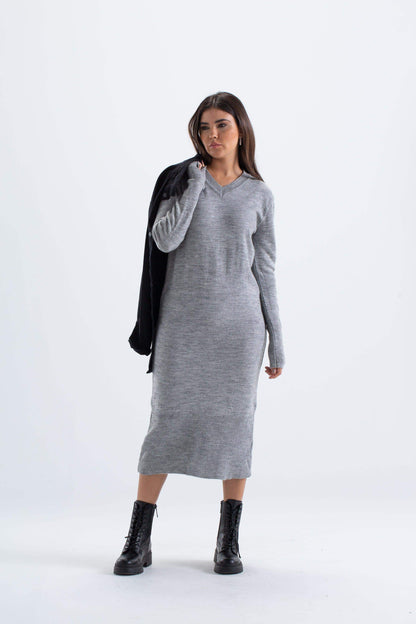 Ribbed V-Neck Midi Dress