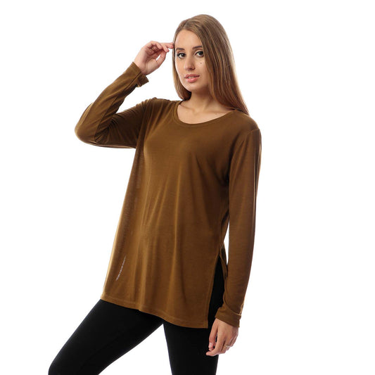 Plain Side Slits Long Sleeves Top