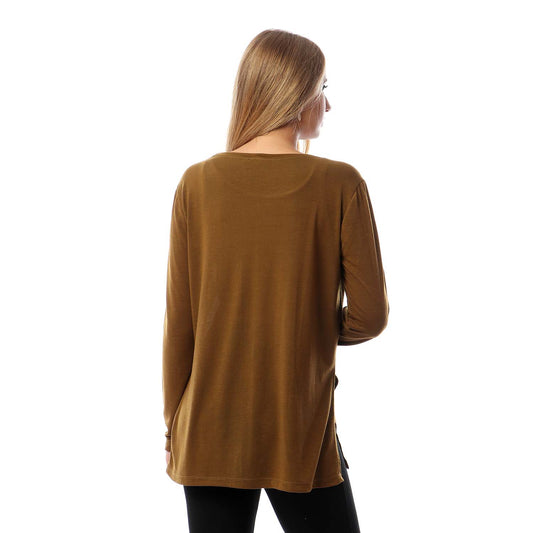 Plain Side Slits Long Sleeves Top