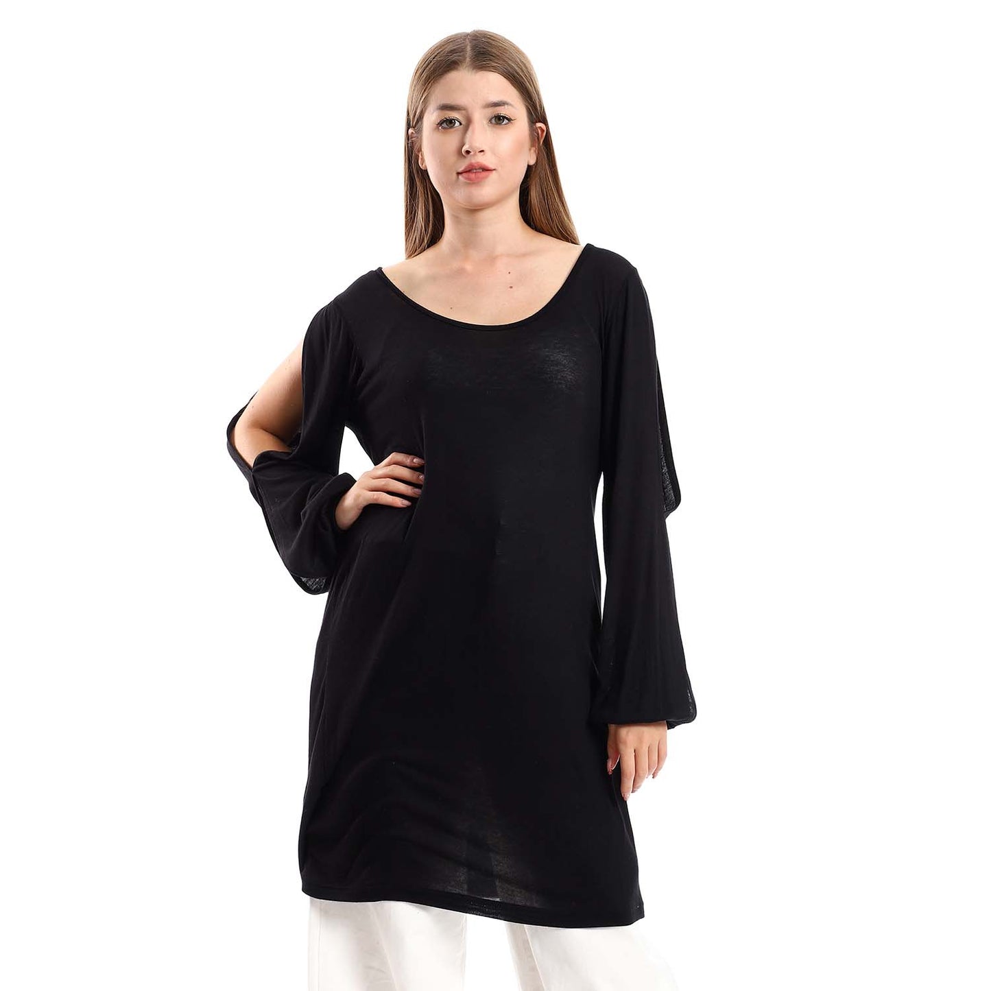 Wide Round Neck Tunic with Side Sleeves Slits