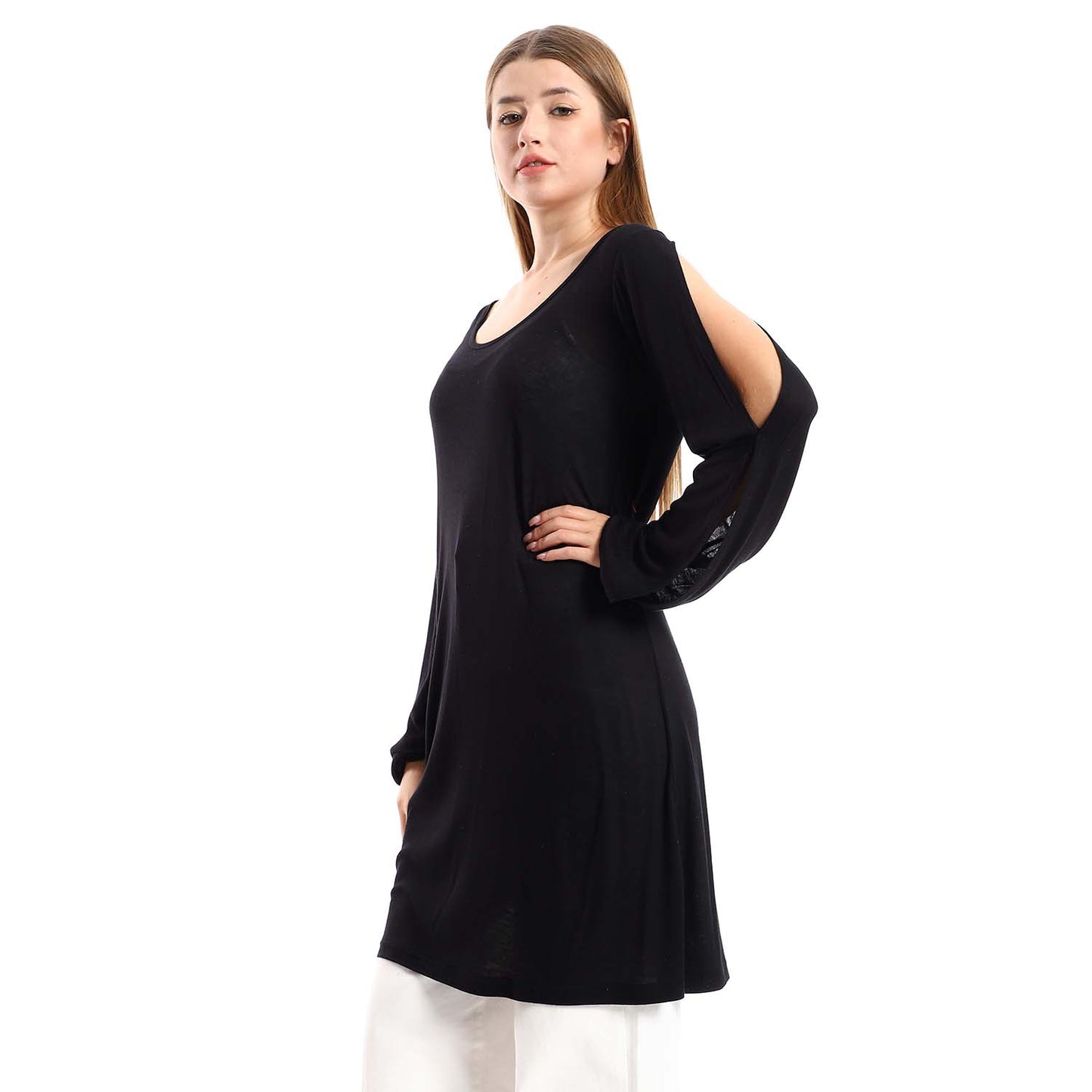Wide Round Neck Tunic with Side Sleeves Slits