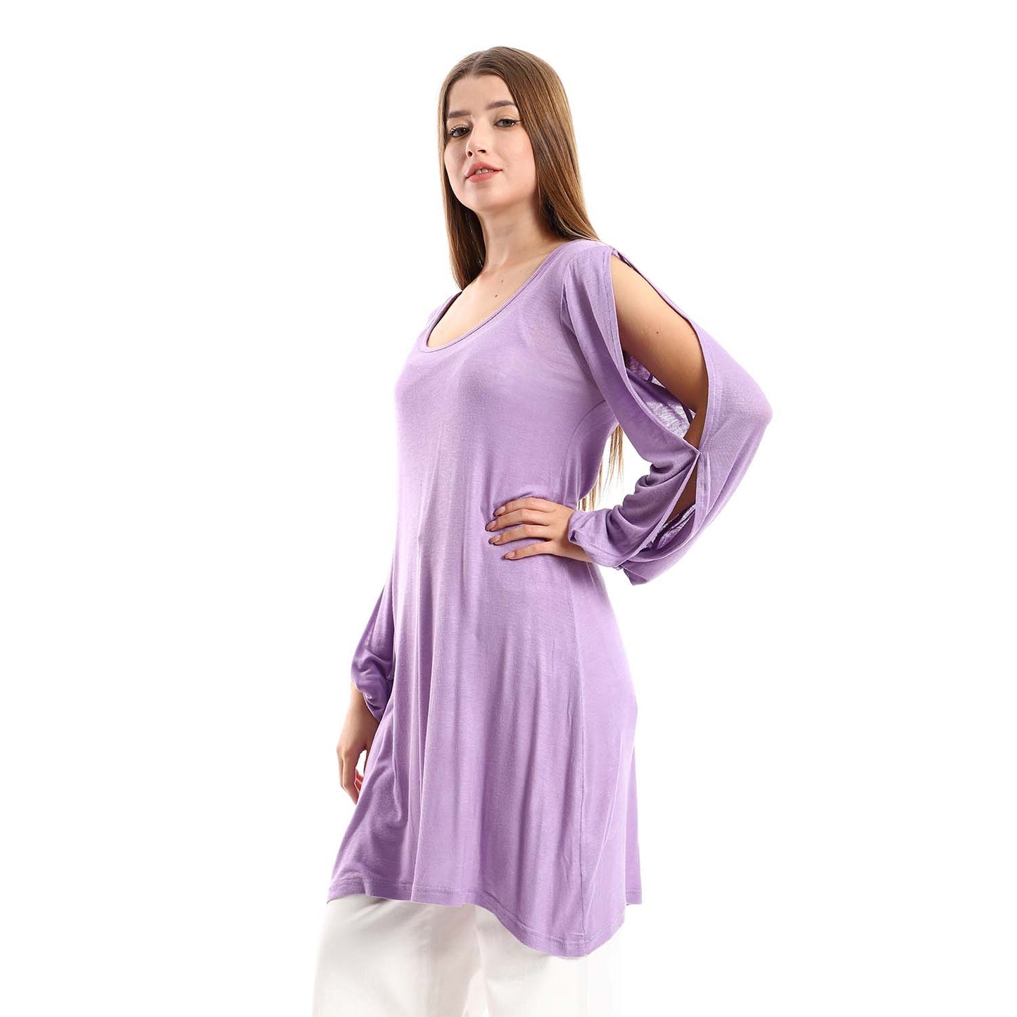 Wide Round Neck Tunic with Side Sleeves Slits