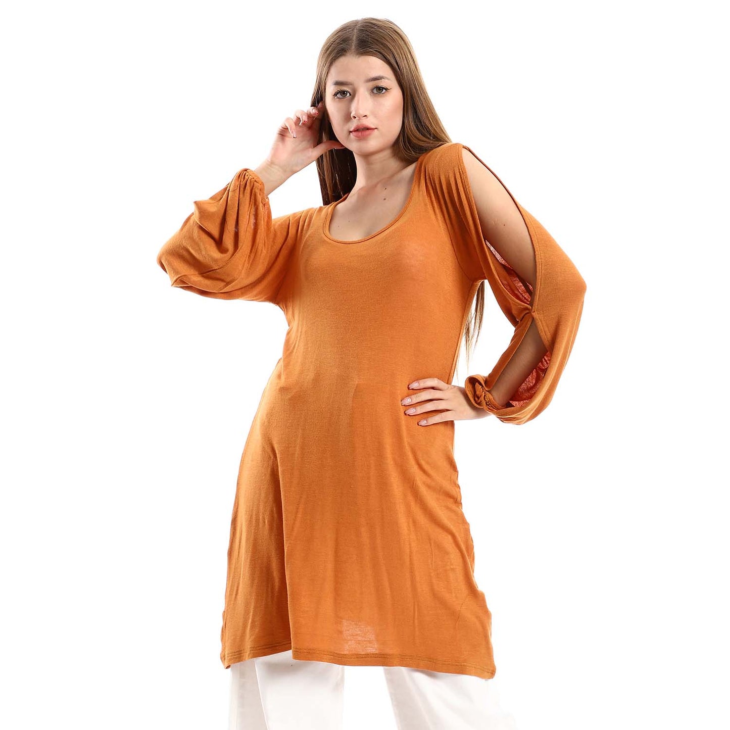 Wide Round Neck Tunic with Side Sleeves Slits