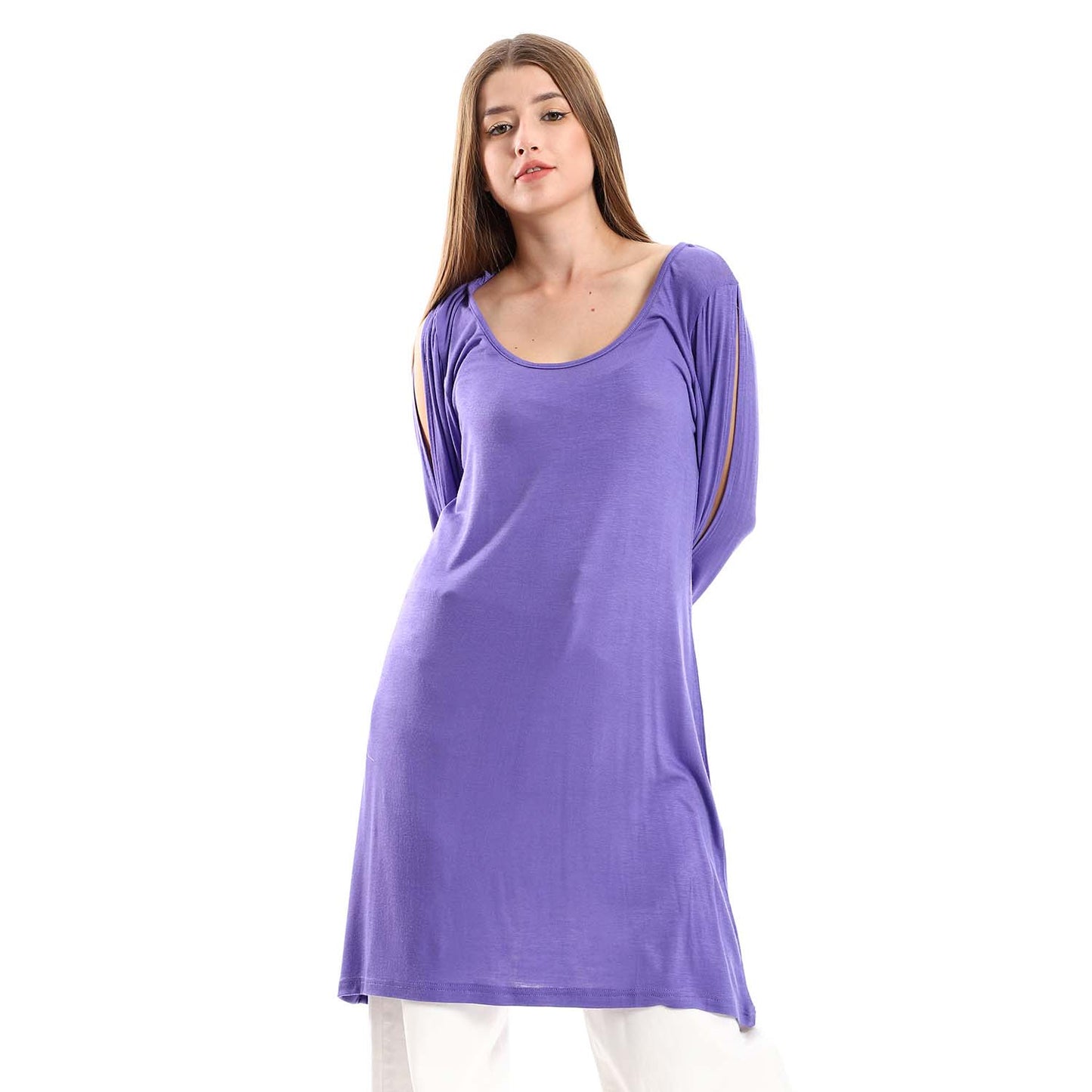 Wide Round Neck Tunic with Side Sleeves Slits