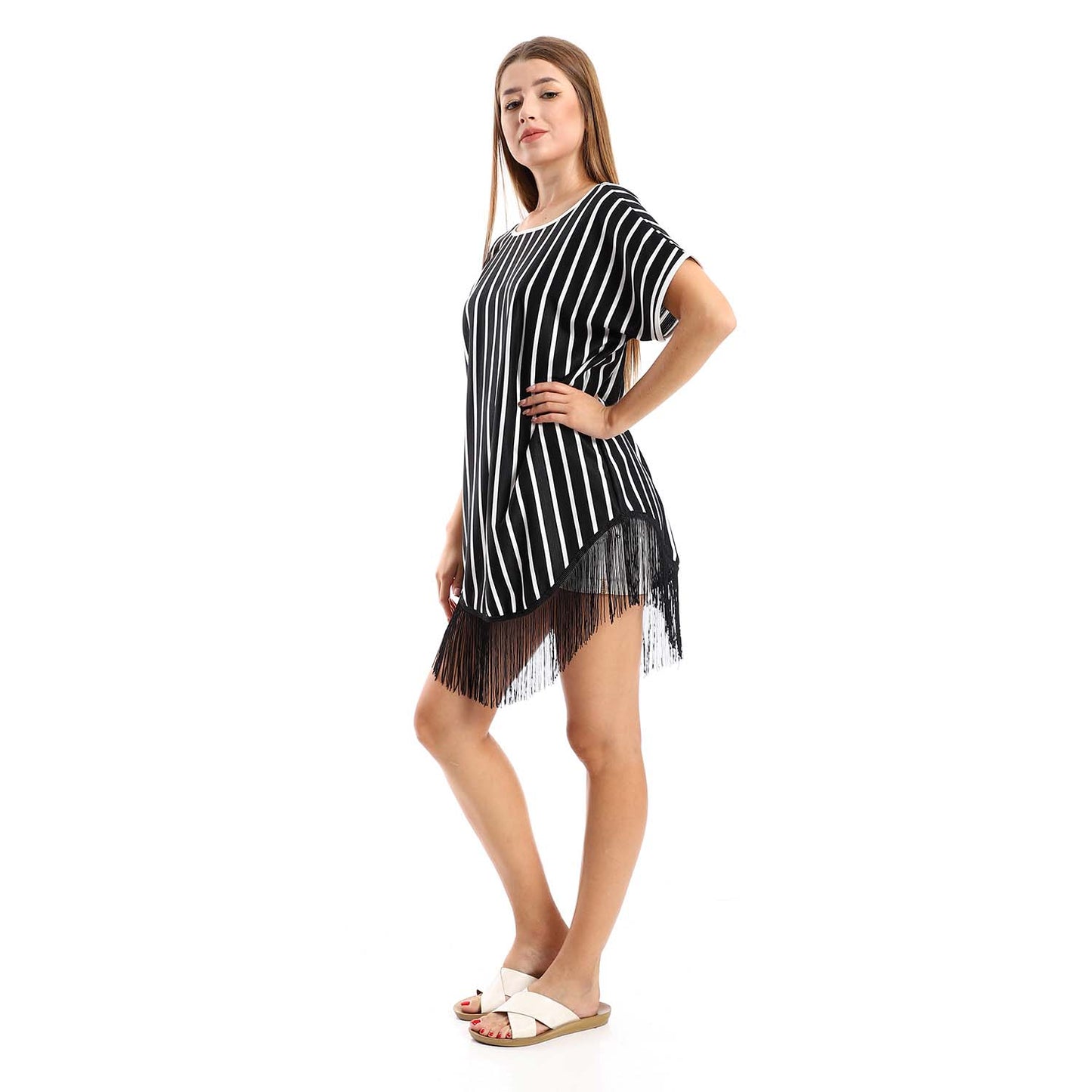 Open Back Striped Tunic with Fringes