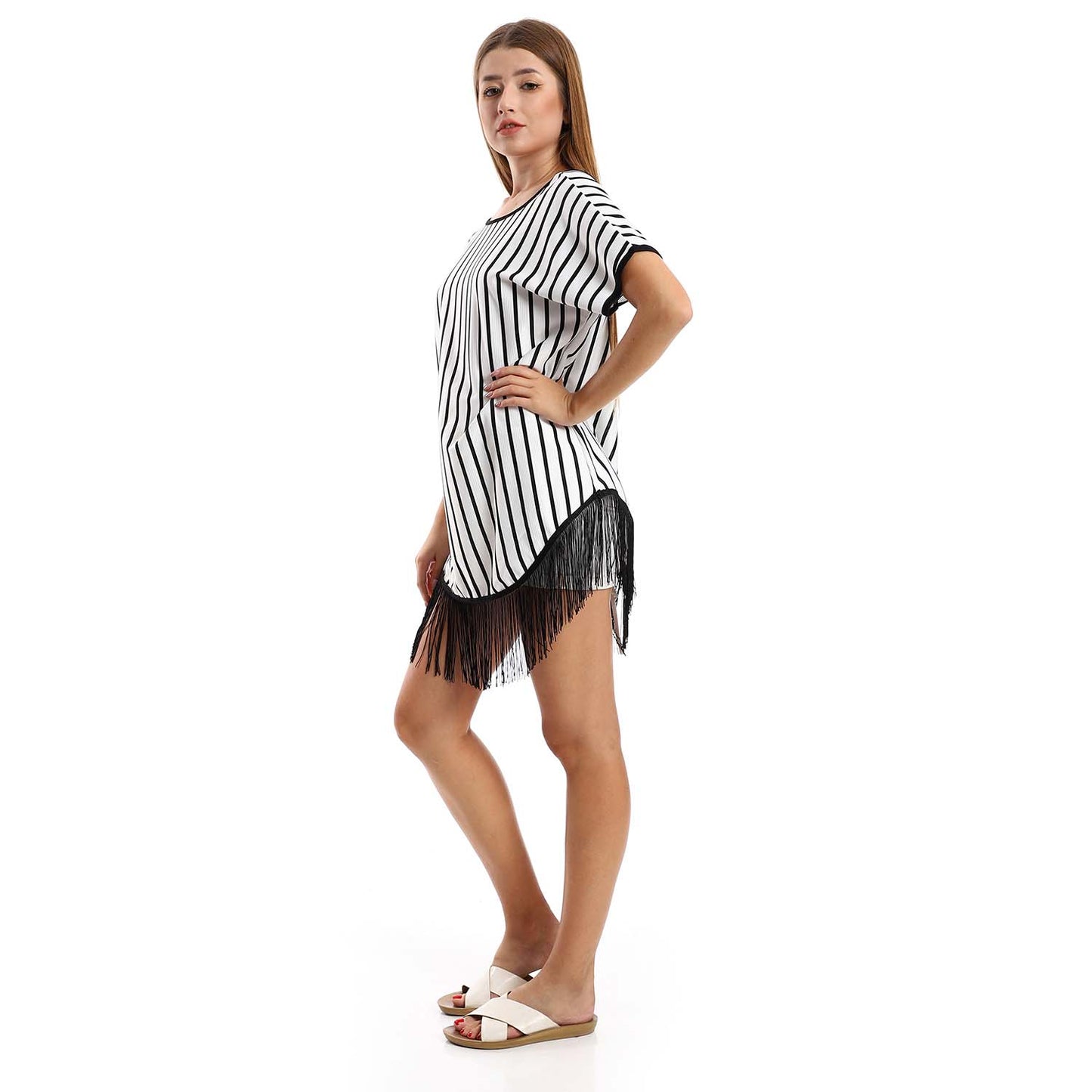 Open Back Striped Tunic with Fringes