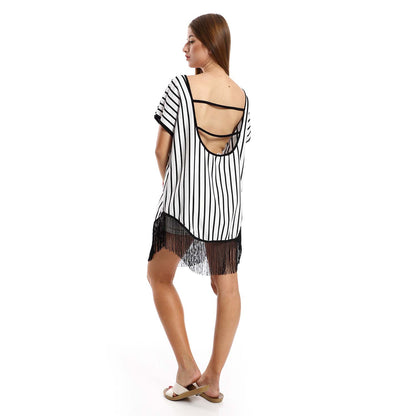 Open Back Striped Tunic with Fringes