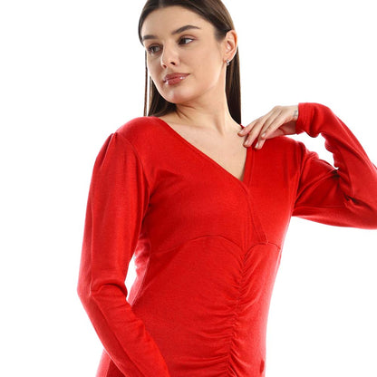 Front Gathered V-Neck Dress