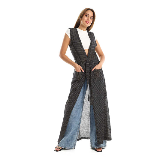 Sleeveles Perforated Long Cardigan