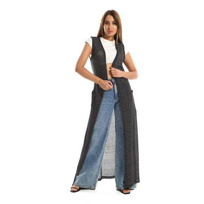 Sleeveles Perforated Long Cardigan