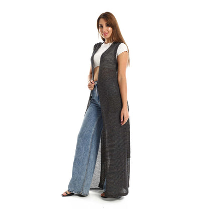 Sleeveles Perforated Long Cardigan