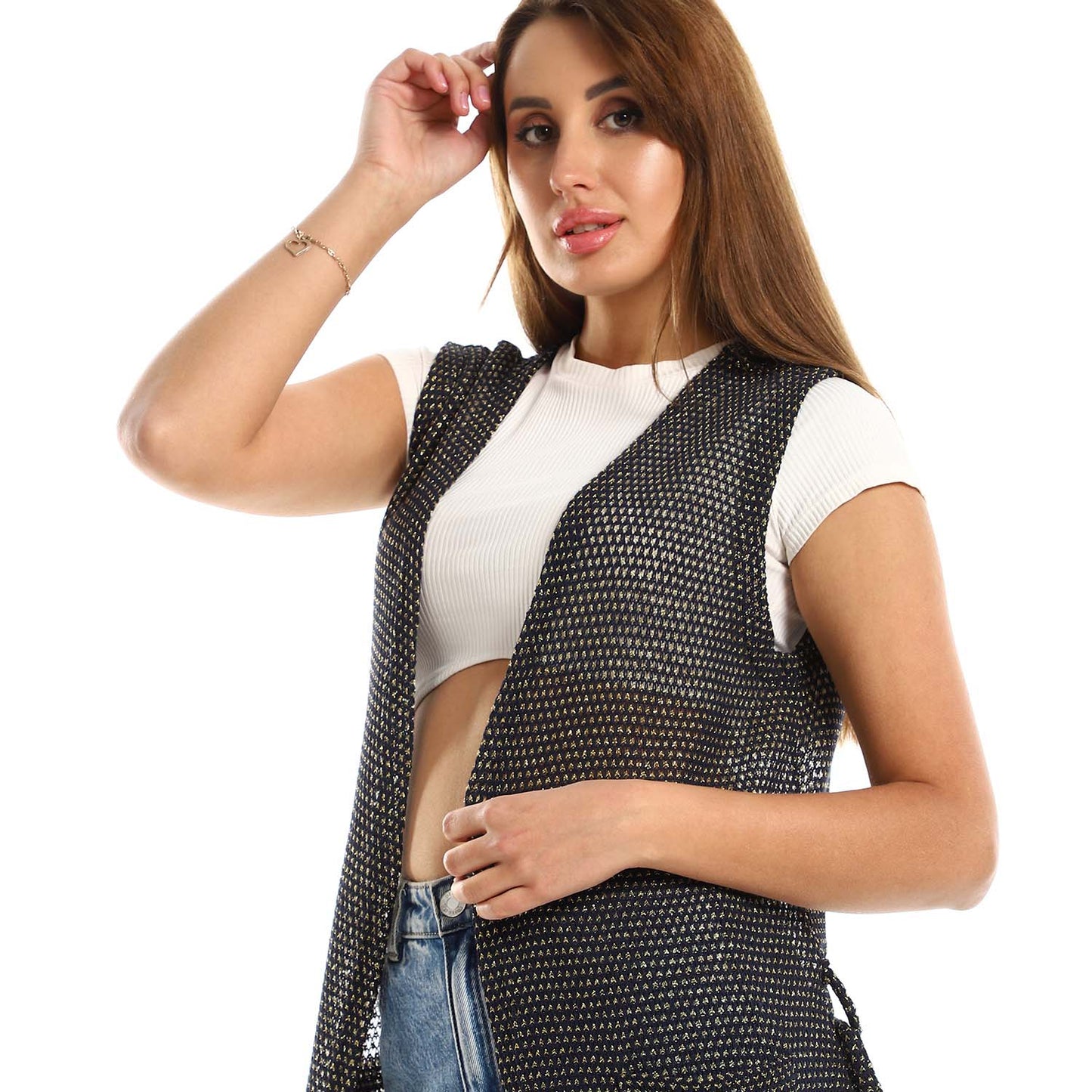 Sleeveles Perforated Long Cardigan