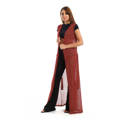 Sleeveles Perforated Long Cardigan