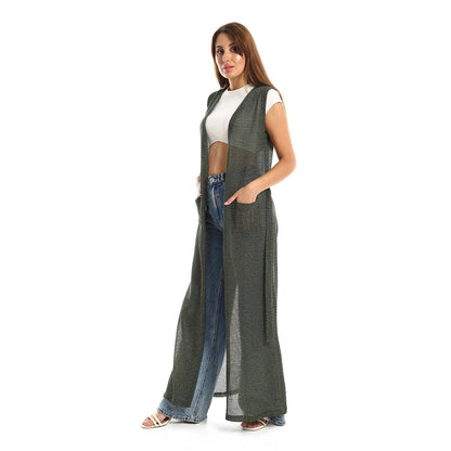 Sleeveles Perforated Long Cardigan