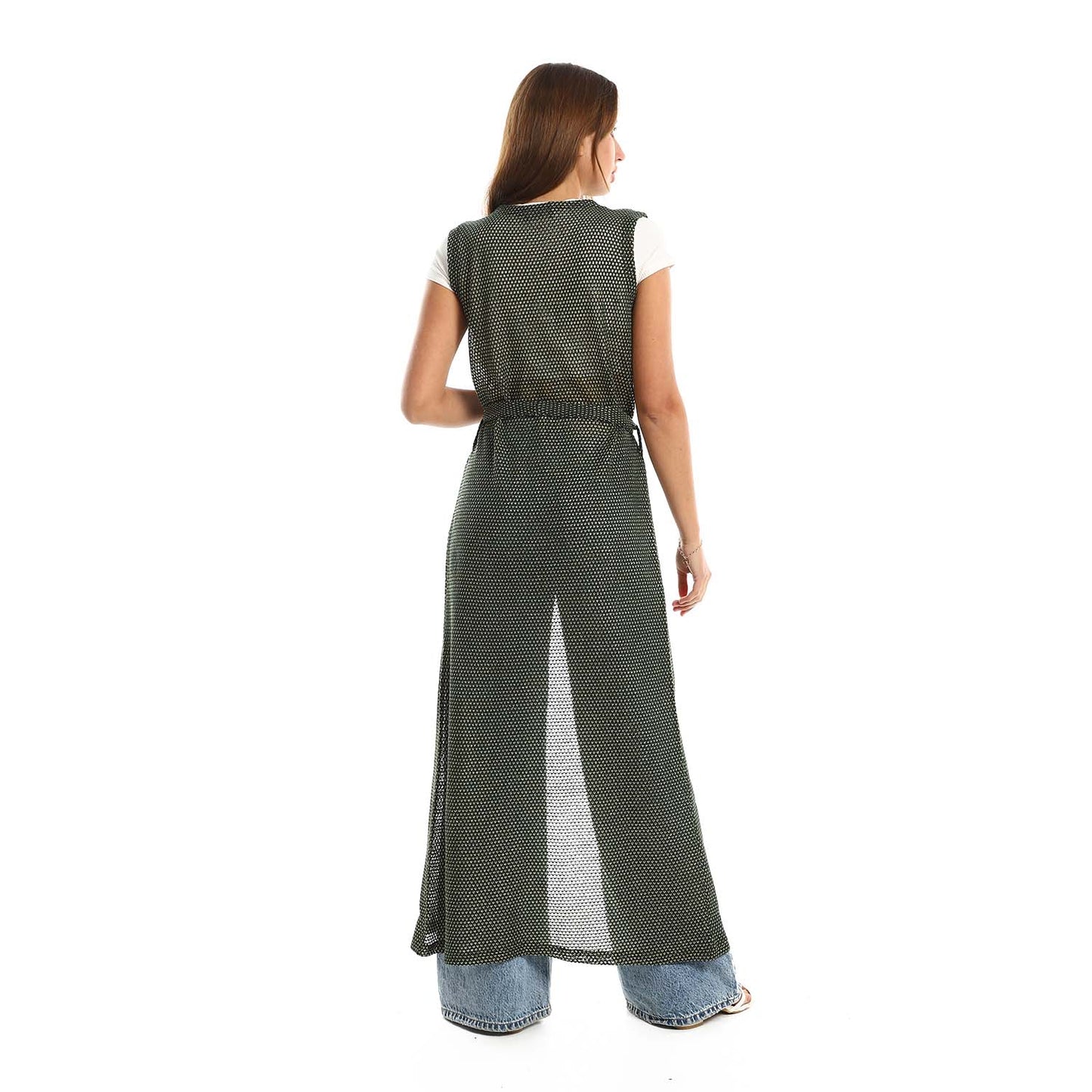 Sleeveles Perforated Long Cardigan