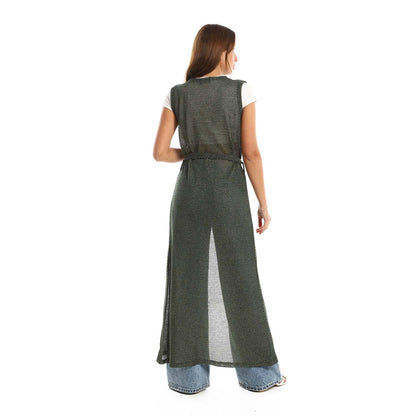 Sleeveles Perforated Long Cardigan