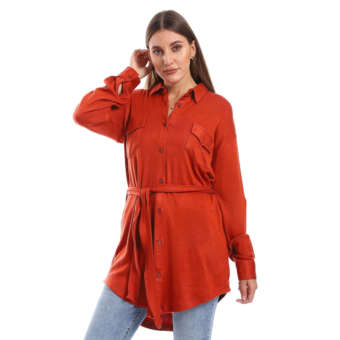 Long Sleeves Buttoned Belted Shirt
