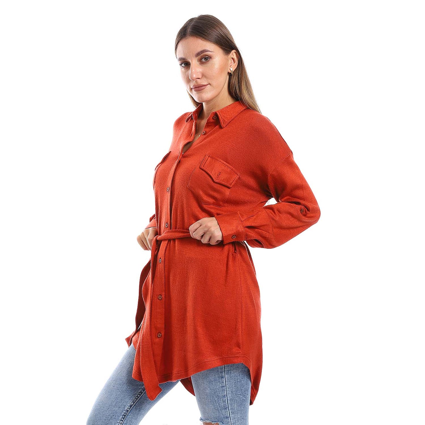 Long Sleeves Buttoned Belted Shirt