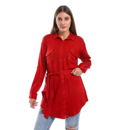 Long Sleeves Buttoned Belted Shirt