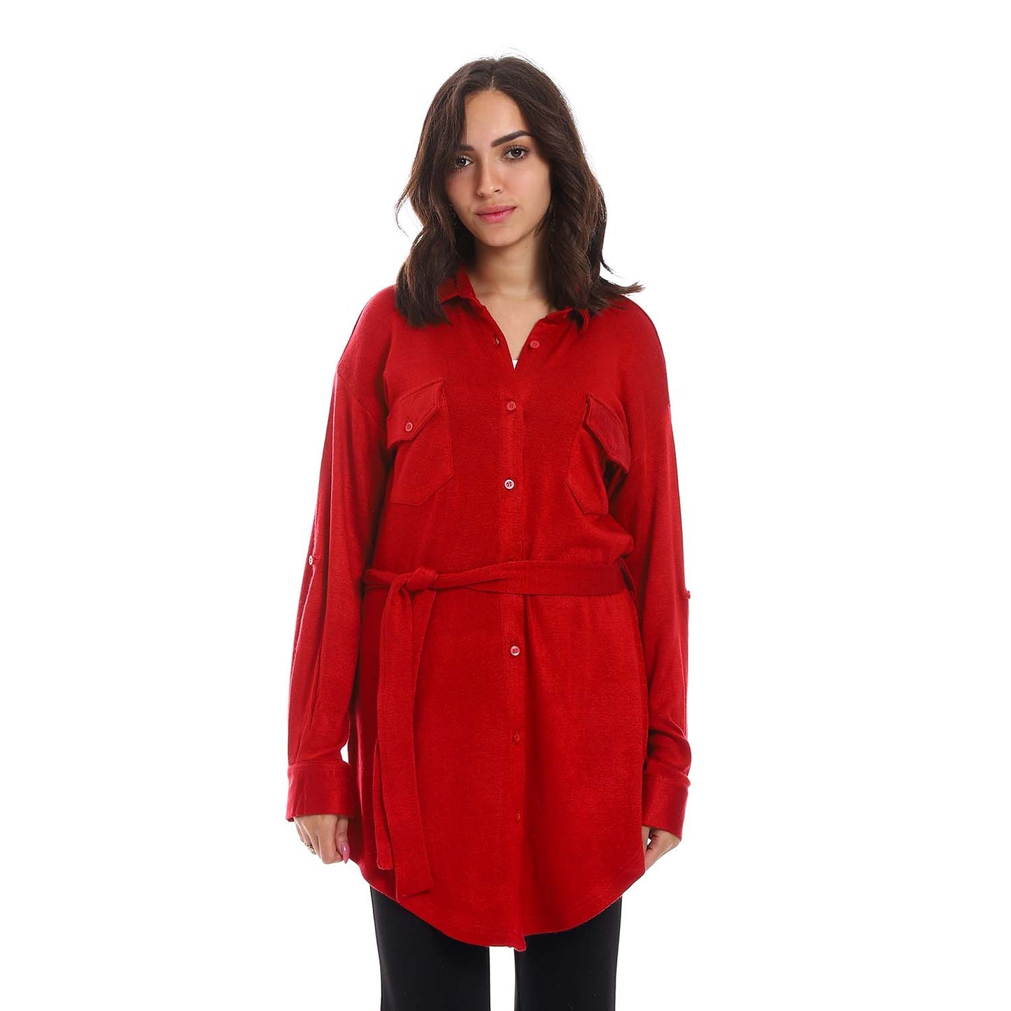 Long Sleeves Buttoned Belted Shirt