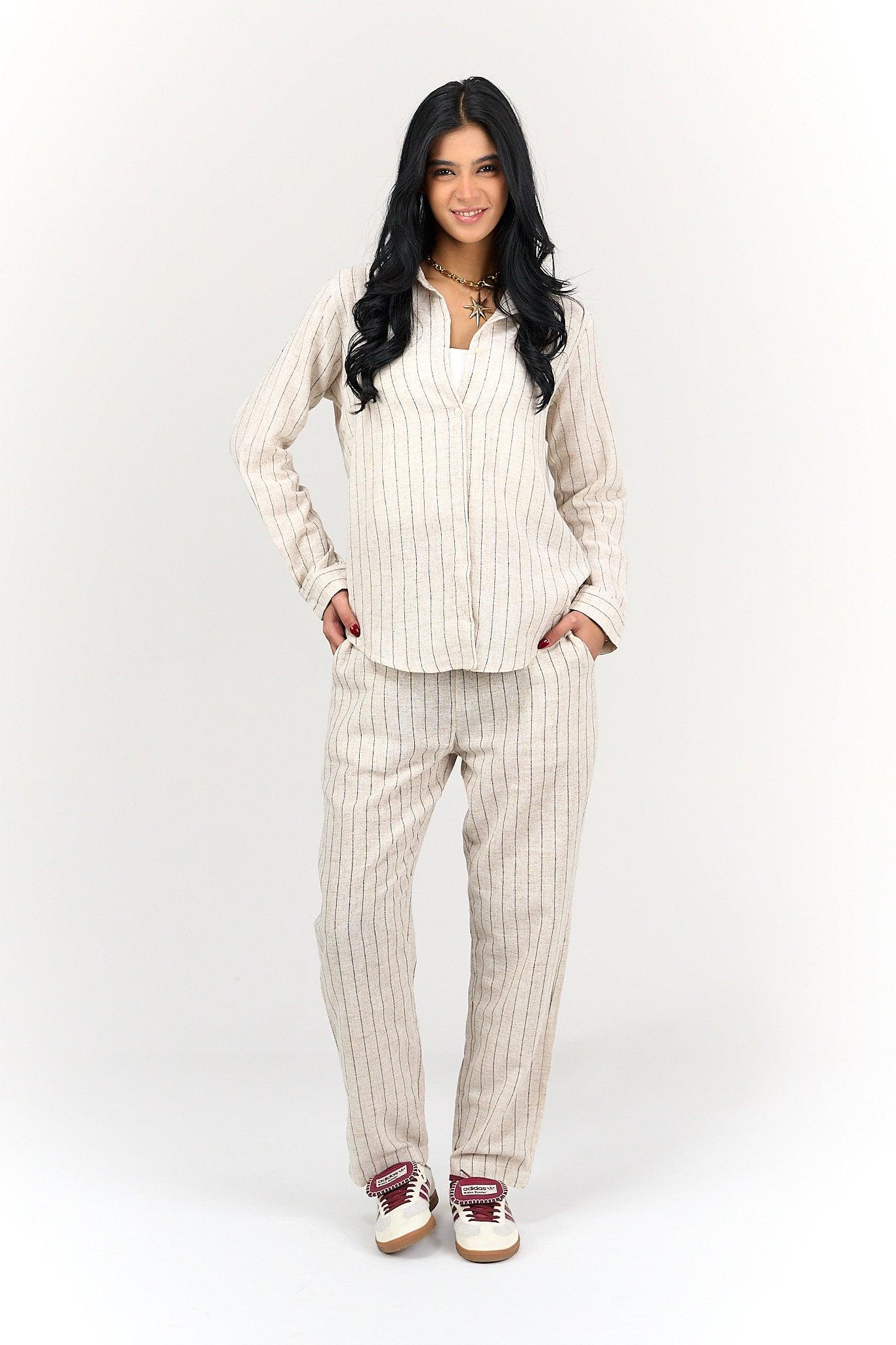 Beige Linen Striped Shirt